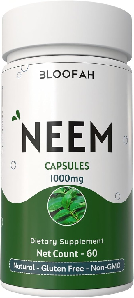 Neem Leaf Capsules 1000 mg Toz | Azadirachta Indica Herbal Supplement | Non-GMO, Gluten-Free, No Yapay Katkılar | Pure Neem Toz (60 Kont)