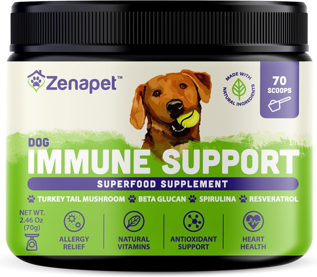 ZENAPET Dog Immune Support Premium Powder Topper, Turkey Tail, Spirulina & Beta-Glucan, Υποστηρίζει ένα υγιές ανοσοποιητικό σύστημα & Digetion, Human-Grade, Made in USA