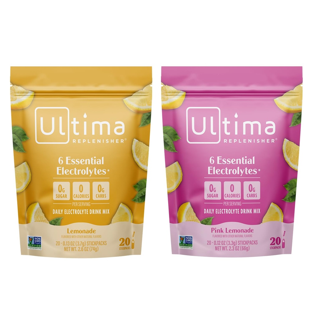 Ultima Replenisher Electrolyte Toz İçecek Mix Sche – Sugar Free – Lemonade ve Pink Lemonade, 20 Stickpacks – 6 Electrolytes and Minerals – Keto Friendly, Vegan, Non-GMOMO