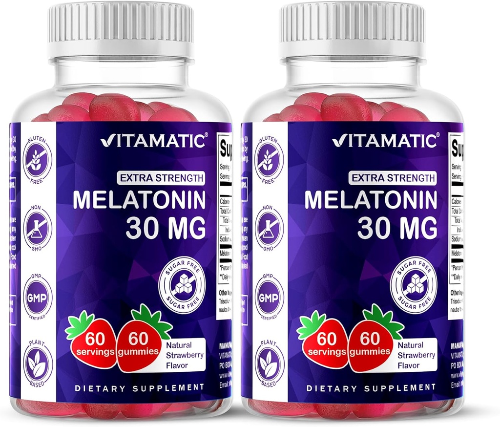 Vitamatic Sugar Free Melatonin 30 mg per Gummy - 60 Hizmet - 60 Vejetaryen Gummies - Non-Habit Form Supplement (60 Count (Pack of 2))