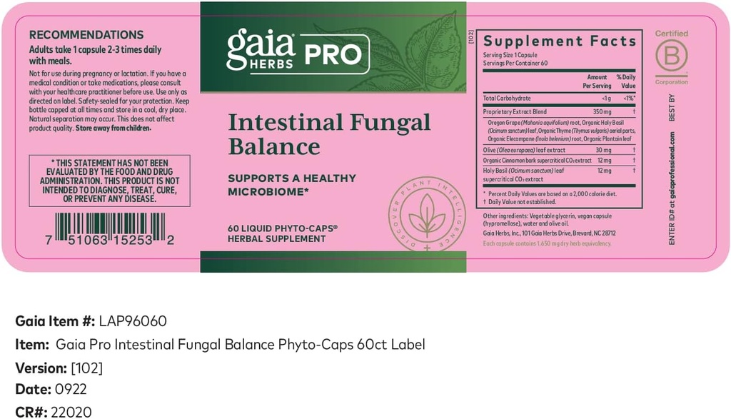 Gaia Herbs Pro Intestinal Mungal Balance - Συμπλήρωμα υποστήριξης για την πέψη* - Cleanse Support Supplement* with Holy Basil Leaf, Cinnamon Bark & Oregon Grape Root - 60 Liquid Phyto-Caps (60 Servings)
