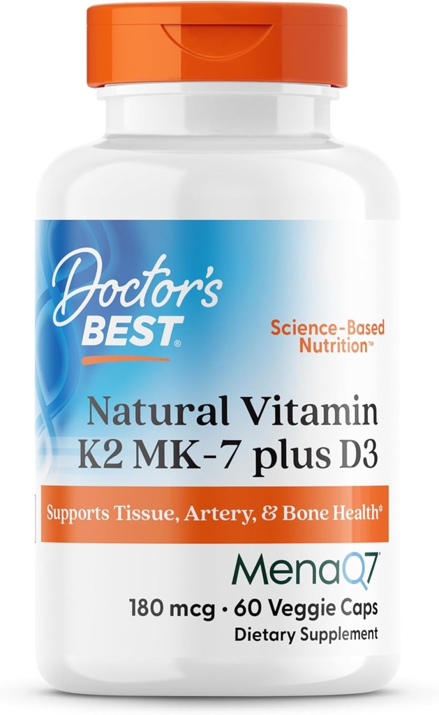 Doktor'un En İyi Doğal Vitamin K2 MK-7 Plus D3, Destekler Tound, Artery, & Bone Health, Non-GMO, Gluten Free, Soy Free, Vegetarian 60 Veggie Caps