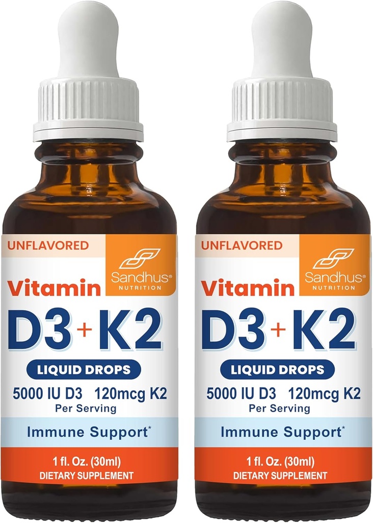 Sandhu'nun Yetişkinler için D3 K2 Drops | 5000 IU D3 Sıvı, 120 C2 Supplement 1 Fl Oz (Pack of 2) | D3K2 Supports Superior Abpole, Enerji, Immune, Kas Health for Men & Women