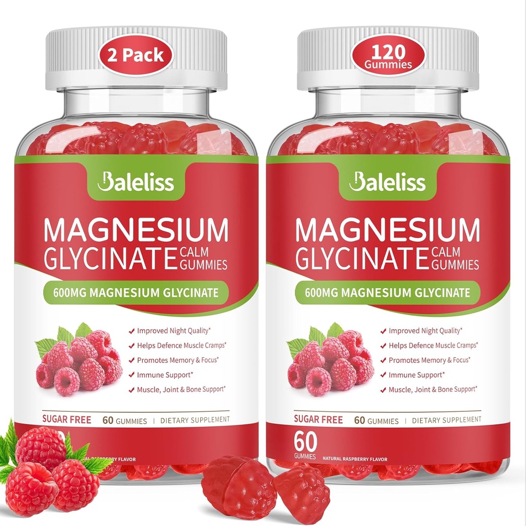 Μαγνήσιο Γλυκινικό Gummies 600mg, Ζάχαρη Δωρεάν Μασώμενο Μαγνήσιο Γλυκινικό με Βιταμίνη D, B6, και CoQ10 Υποστηρίξτε τον ύπνο, την χαλάρωση, την ανακούφιση από το στρες και την ήρεμη διάθεση για ενήλικες 120 Gummies (2 Συσκευασία)