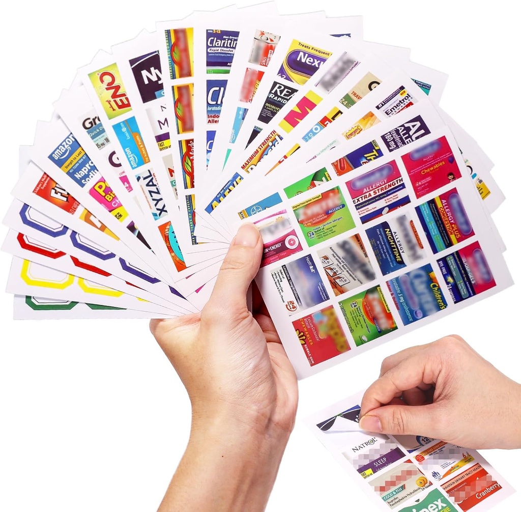383Pcs Pill Organizer Medicine Labels, Pre-Cut Medicine Stickers Travel Daily Pill Container Labels with 34 Sheets Pill Box Lables Pill Organizer Stickers of Brands+4 Sheets Blank Stickers(351+32PCS)