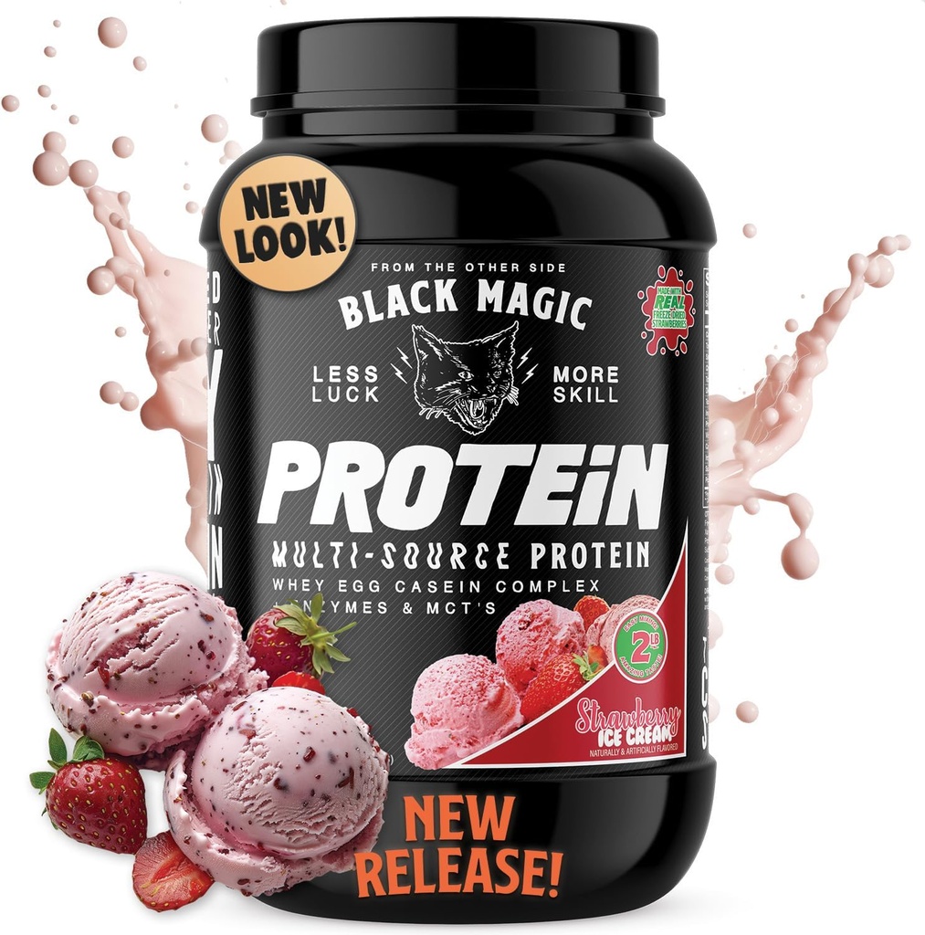 Siyah Sihirli Protein Tozu - Yeni Bak - Whey, Yumurta ve Enzymes & MCT Tozla Kompleksi - Pre Workout and Post Workout - Strawberry Ice Cream Protein Tozu - 24g Protein - 2 LB...