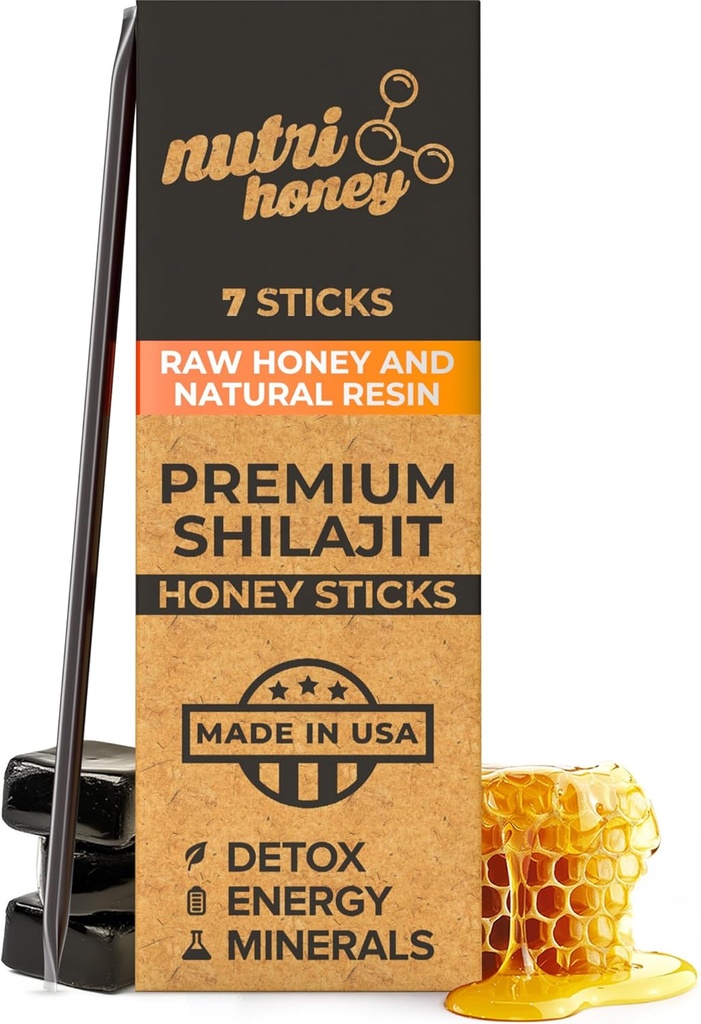 NATURAL SHILAJIT Honey Sticks - Raw Honey, Fulvic Acid & Trace Minerals, Plant Based Nutrients for Energy, Immune Support & Vitality - 7 Shilajit Sticks