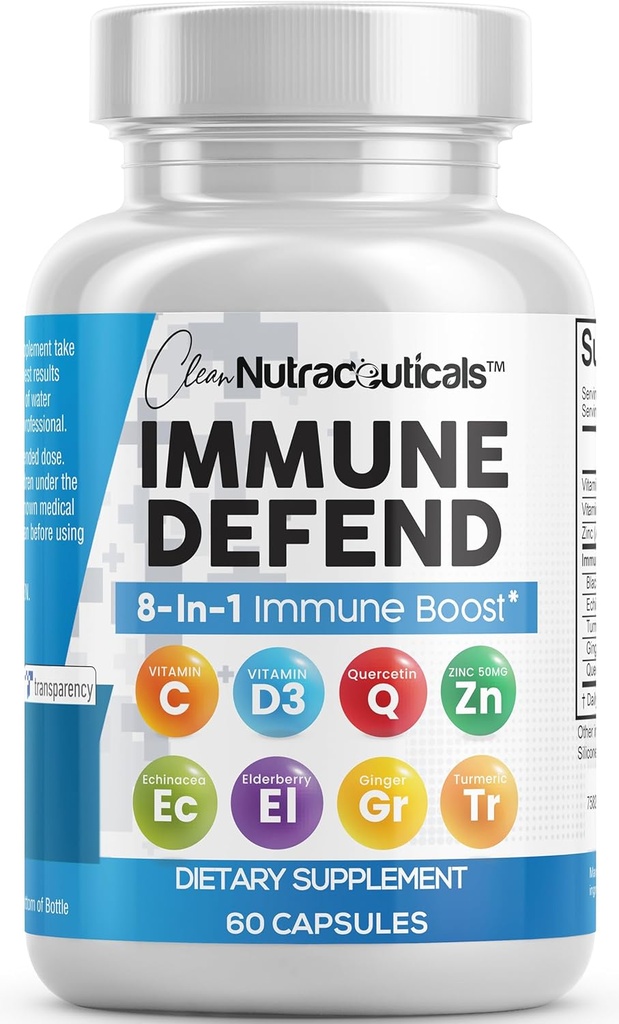 Temiz Nutraceuticals Immune Defense Support Supplement 8 in 1 with çinko 50 mg Quercetin, VIT C 1000 mg, Vitamin D3 5000 IU, Elderberry, Ginger - Immunity System Alert for Yetişkinler, Vegan - 60 Count