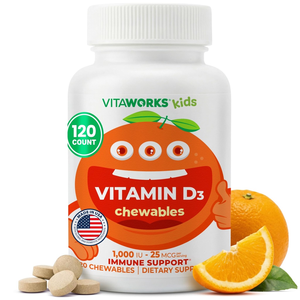 Çocuk D 1000 I Chewable Tabletleri - Tasty Natural Orange Flavor - Vegan, GMO-Free, Gluten Free, Nut Free Vitaminler - Immune Desteği için Diyet Supplement - Çocuklar için - 120 Chewables