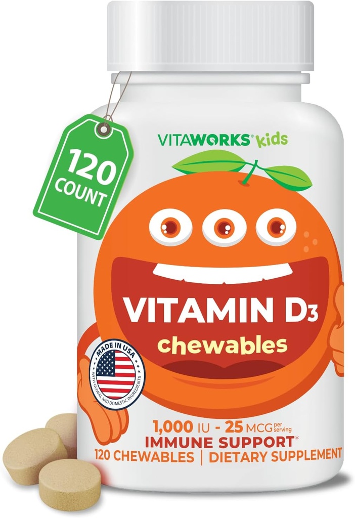 Çocuk D 1000 I Chewable Tabletleri - Tasty Natural Orange Flavor - Vegan, GMO-Free, Gluten Free, Nut Free Vitaminler - Immune Desteği için Diyet Supplement - Çocuklar için - 120 Chewables