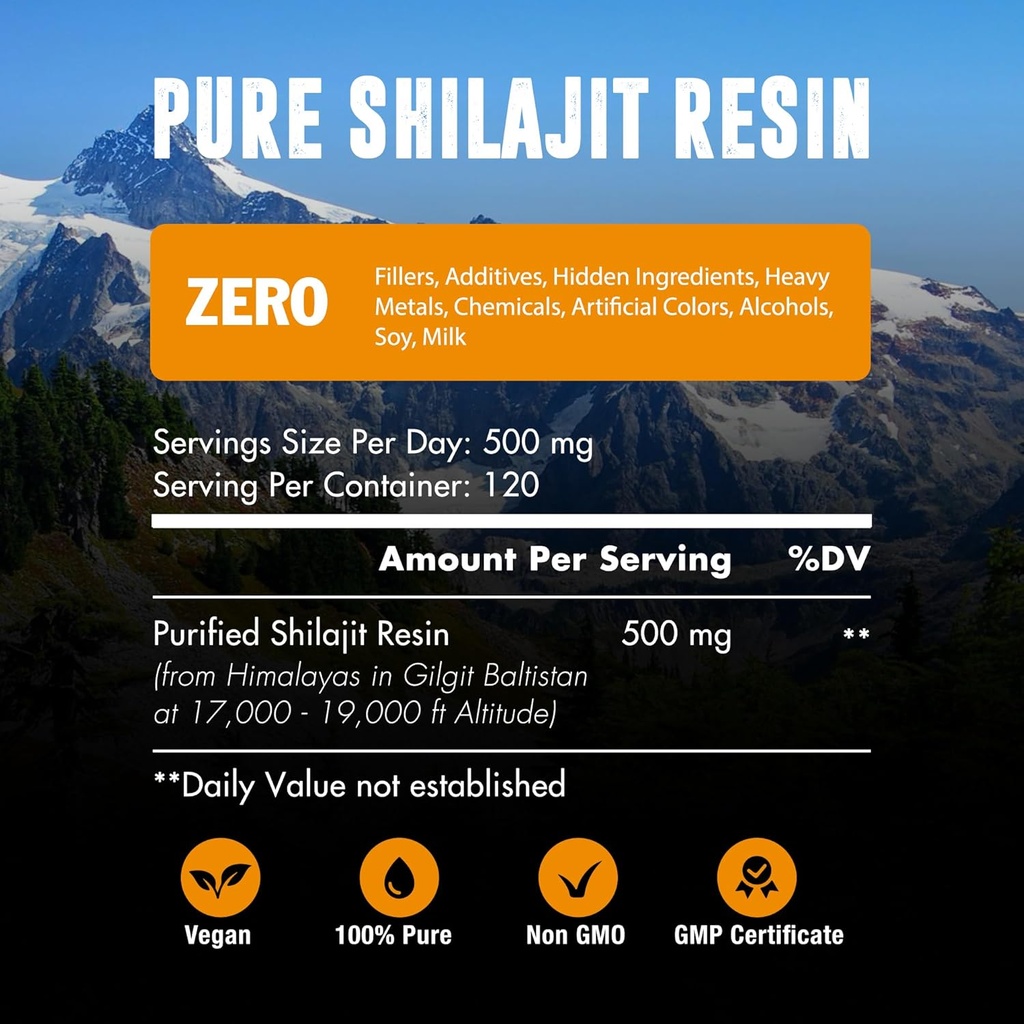60.000 MG Shilajit Pure Organic Resin - 65% Fulvic Acid & 85+ Trace Minerals, 120 Servings - Αφύπνιση Ενέργειας Booster & Υποστήριξη Ανοσοποιητικό, Ενίσχυση Συνολική Υγεία & Εγκέφαλος Booster - Χωρίς ζάχαρη