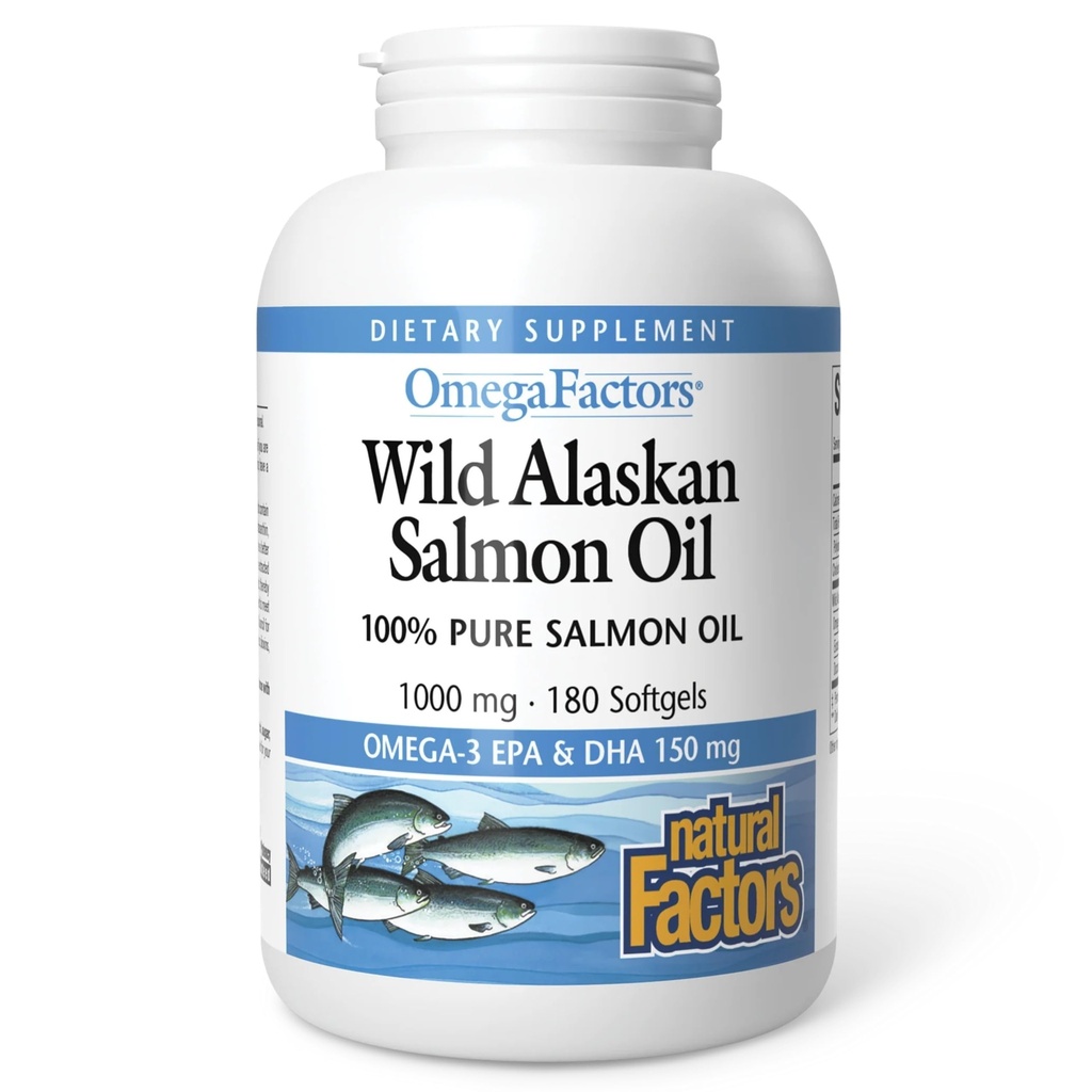 Doğal Faktörler Wild Alaskan Salmon Oil Omega-3, EPA, DHA & Vitamin D, Beyin ve Kalp Sağlığı, 180 Softgels