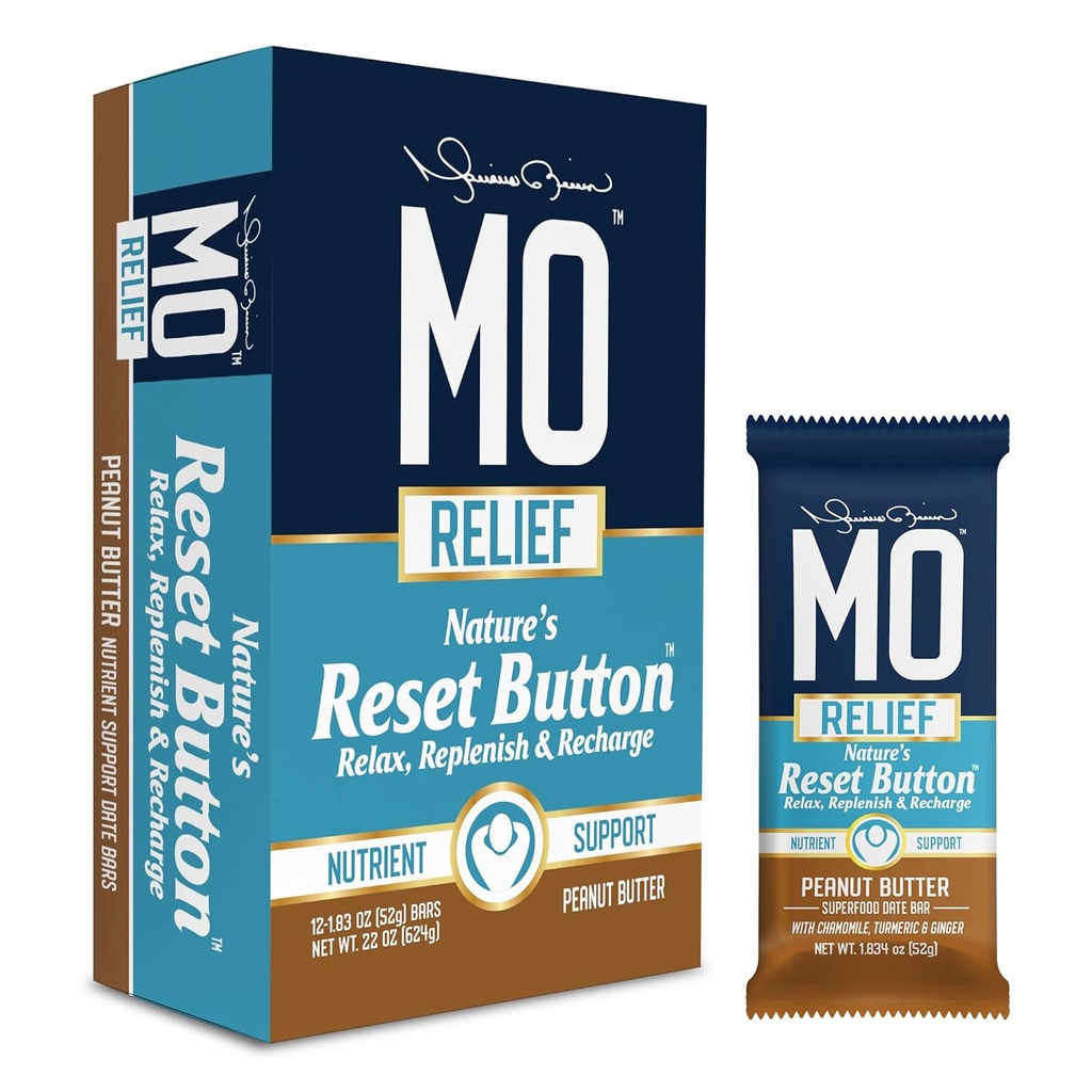 "MO RELIEF" BARS - All-Doğal Superfood Snack Bar - Recovery Snack Bars - Tarihlerle Nutrient Destek, Chamomile, Turmeric, & Ginger - (12 bir kutuda bar)(Peanut Butter)