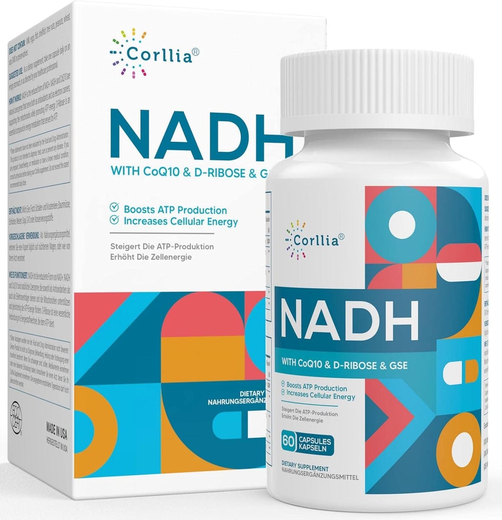 NADH + CoQ10 + D-Ribose συμπλήρωμα, ενίσχυση NAD+ Συμπλήρωμα Ενέργειας, Κόπωση, 60 Καψάκια