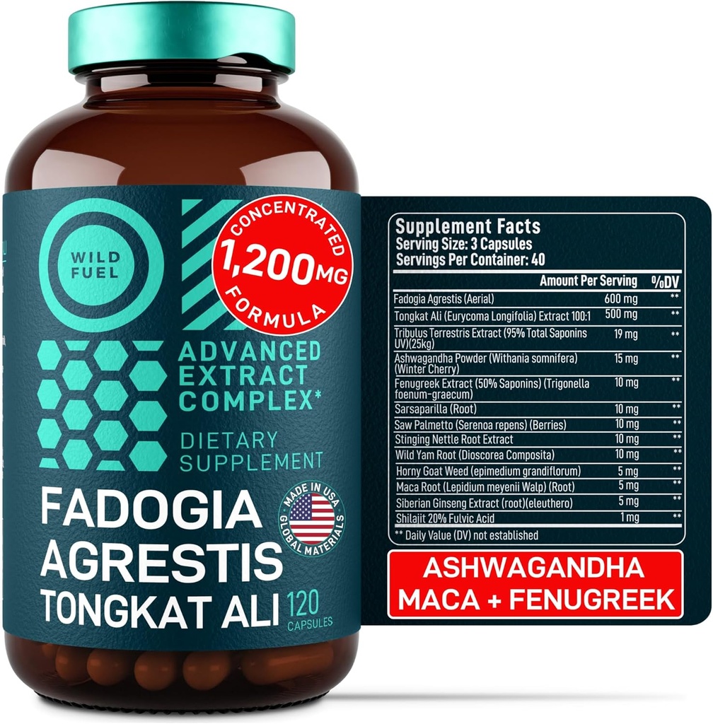 Fadogia Agrestis ve Tongkat Ali Supplement - Erkekler için 600 mg Fadogia Agrestis, 500 mg Longjack Tongkat Ali, Ashwagandha Maca Fenugreek Kompleksi - Kas Güçlü, Enerji, Mood Destek - 120 Capsules
