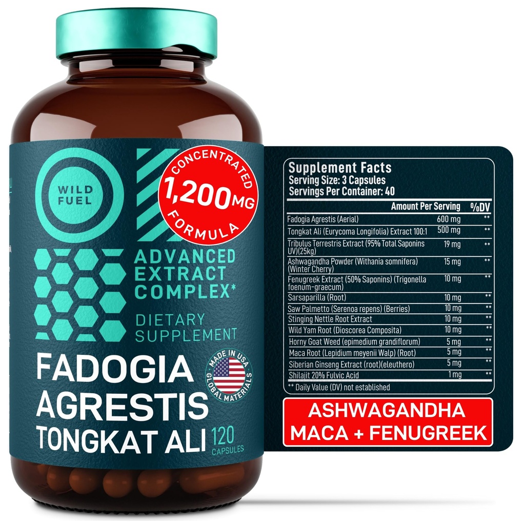 Fadogia Agrestis ve Tongkat Ali Supplement - Erkekler için 600 mg Fadogia Agrestis, 500 mg Longjack Tongkat Ali, Ashwagandha Maca Fenugreek Kompleksi - Kas Güçlü, Enerji, Mood Destek - 120 Capsules