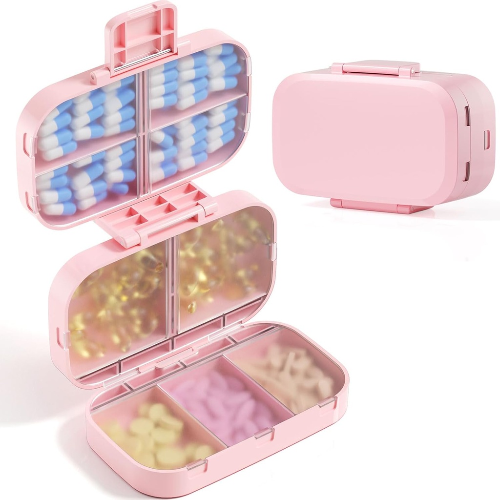 MEACOLIA Τριπλό-Folding Pill Organizer, 9 διαμερίσματα Travel Pill περίπτωση με μεγάλη χωρητικότητα, Καθημερινή κουτί χάπια Μικρό δοχείο για βιταμίνη, Cod Liver Oil, Συμπληρωματικά (Pink)