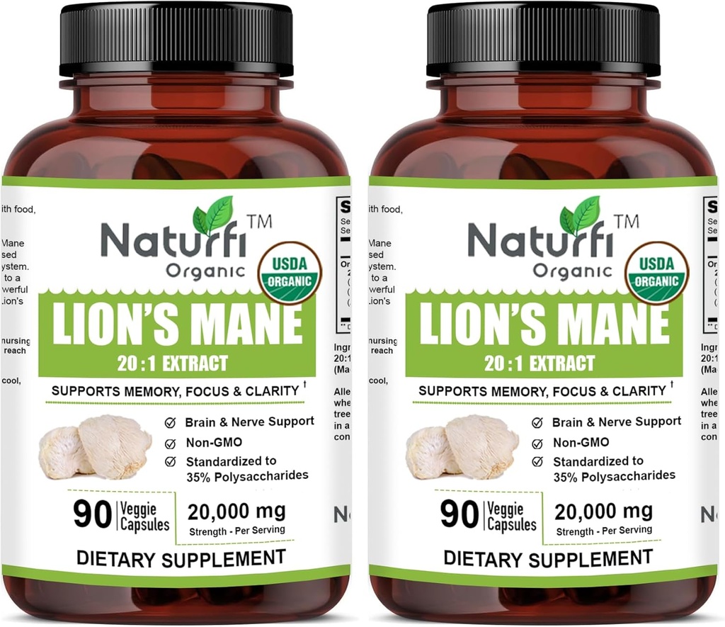 USDA Organik Lion's Mane 20:1 Ekstraksiyon, 20.000 mg Güçlü,% 35 Polysaccharides, 180 Vegan Capsules, 90 Day Supply, Standardized and Interd 20X Extract, All-Doal and Non-GMO