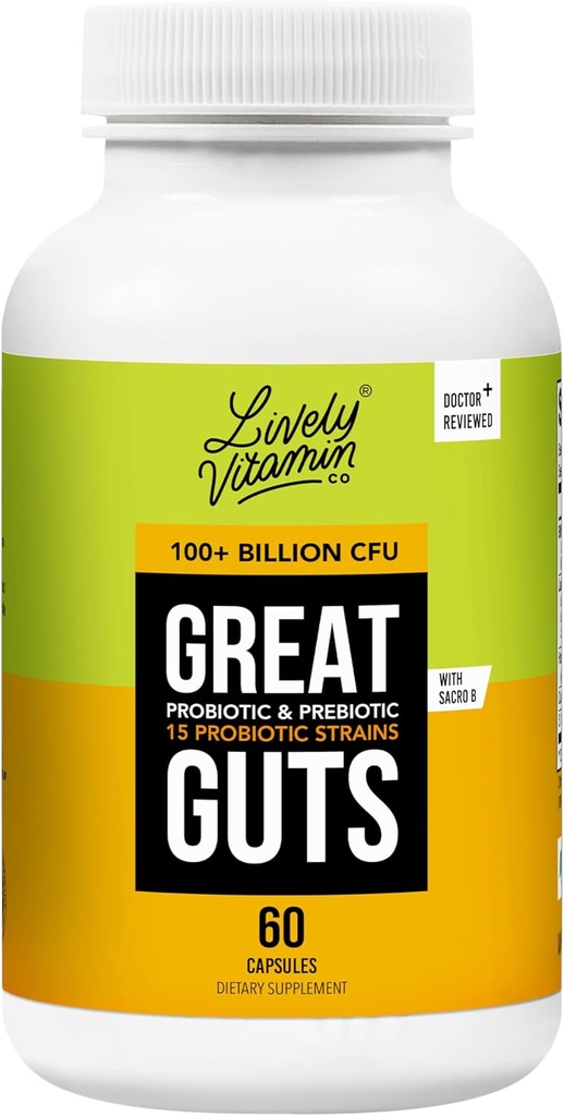 LIVELY VITAMIN CO. Great Guts Probiyotik - 100 Milyar CFU Probiyotik - Denge Gut Microbiome, GI Tract, Inflammation, Indigestion, Reflux, Upset Stomach, & Diarrhea - 60 Caps