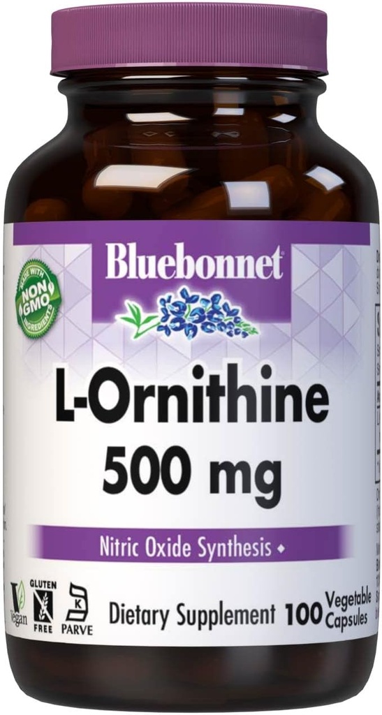 Bluebonnet Beslenme L-Ornithine 500 mg, Free-Form Amino Asit, Sağlıklı Protein Metabolism*, Soy-Free, Gluten-Free, Non-GMO, Kosher Sertifikalı, Vegan, 100 Sebze Kapsülleri, 100 Hizmet
