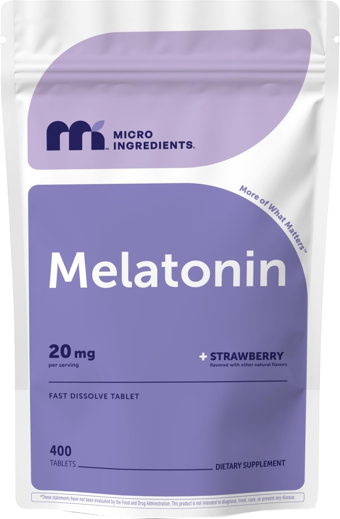 Mikro Malzemeler Melatonin 20 mg, 400 Tabletler | Doğal Strawberry Flavor | Hızlı Dissolve | No Drug | Vegetarian Friendly | Non-GMO, No Gluten, Sugar Free