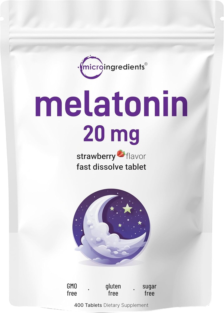 Mikro Malzemeler Melatonin 20 mg, 400 Tabletler | Doğal Strawberry Flavor | Hızlı Dissolve | No Drug | Vegetarian Friendly | Non-GMO, No Gluten, Sugar Free