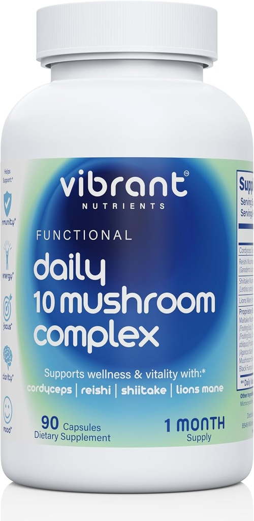 Günlük 10 Mushroom Kompleksi – Lions Mane, Reishi & Cordyceps – Immune Branson - Nootropic Brain Supplement - Natural Energy & Stress Relief – Gluten Free & Non-GMO - 90 Veggie Capsules