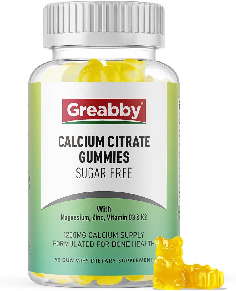Citrate Gummies Ασβέστιο 1200 mg για γυναίκες & παιδιά, συμπλήρωμα ασβεστίου χωρίς ζάχαρη με βιταμίνη D3, K2, μαγνήσιο, ψευδάργυρος, υποστήριξη οστών για ενήλικες & ηλικιωμένους, φυσική γεύση ανανά, 60 Gummies