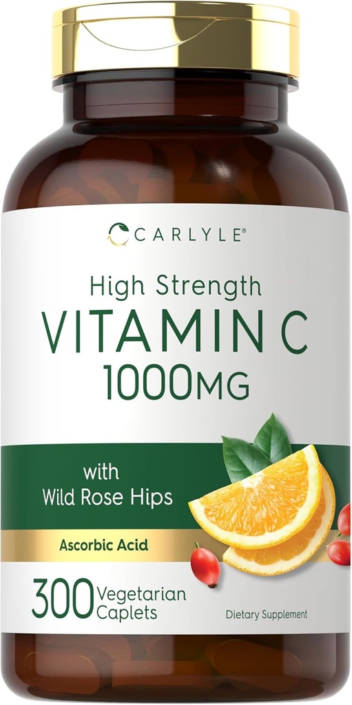 Carlyle Vitamin C 1000 mg | 300 Vejetaryen Caplets | Wild Rose HIPS ile Ascorbik asit | Yüksek Güçlü Formula | Non-GMO ve Gluten Ücretsiz Supplement Supplement