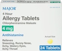 MAJOR 4 Hour Alergy Tablets - Chlorpheniramine Maleate 4mg - Αντιισταμινικό - 24 Count (1 Pack)
