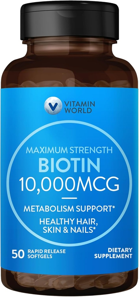 Vitamin World Ultra Mega Biotin 10.000 mcg. 50 Softgels, βιταμίνη Β, Υποστηρίζει υγιή μαλλιά, δέρμα και νύχια, ταχεία απελευθέρωση, χωρίς γλουτένη