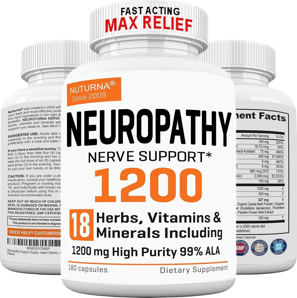 Neuropati 1200 mg HP-99 Alfa Lipoic Asit ile Tamamlandı - Max Strength ALA Nerve Foot Hands Fingers Legs - Ultra Potent 18 1 Doğal Peripheral Nerve Vitaminleri - 180 Capsules