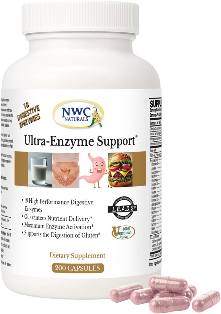 NWC Naturals Ultra-Enzyme Support, Natural Digestive Supplement, Προωθεί την Βέλτιστη Υγεία και Διέγερση, 200 κάψουλες καταμέτρησης