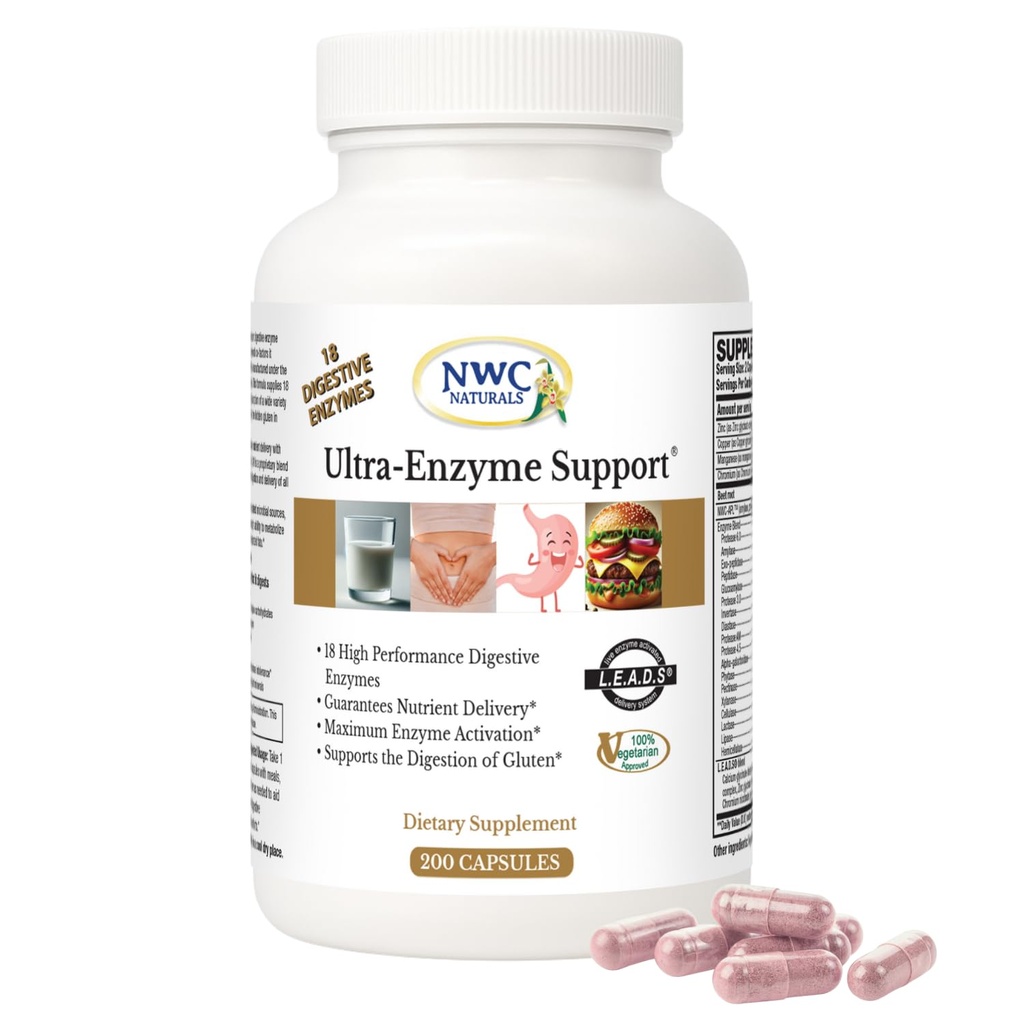 NWC Naturals Ultra-Enzyme Support, Natural Digestive Supplement, Optimal Health ve Digestion, 200 count Capsules