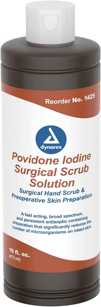 Dynarex Povidone-Iodine Scrub Çözümü, Skin ve Mucosa için Antisptik Çözüm, Cerrahi Site Hazırlığı için ideal, Contains Povidone Iodine 7.5%, 16 fl. oz., 1 Şişe