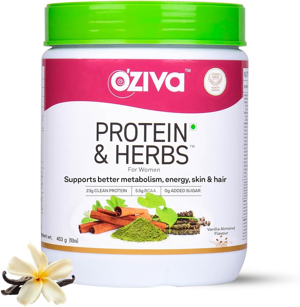 OZIVA protein & Herbs for Women | 1.1 Lbs (500 gm) Multivitaminler, Curcumin, Shatavari, Tulsi for I improve Metabolism, Hormonal Balance & Skin, Saç Sağlığı, Vanilla Almond (1.1 lb)