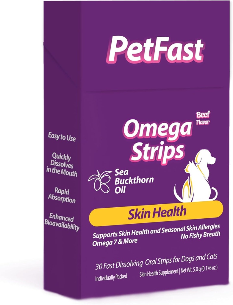 Omega Strips for Dogs and Cats, Beef Flavor, Skin Health, Sea Buckthorn Oil, 30 Deyim Strips, Skin Health, Supports Mevsim Skinergies, Immune System Supports