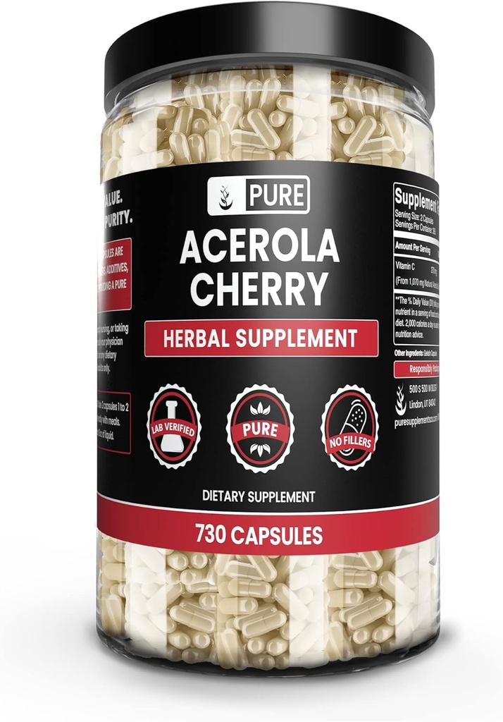 Pure Original Materialss Acerola Cherry (730 Capsules) Magnezyum Or Rice Fillers, Always Pure, Lab TY