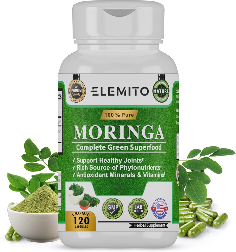 Κάψουλες Moringa, Pure Leaf Powder, Green Superfood, Ενέργεια, Μεταβολισμός, & Ανοσολογική Υποστήριξη, Μη ΓΤΟ, Vegan, Χωρίς Γλουτένη - 120 Κάψουλες