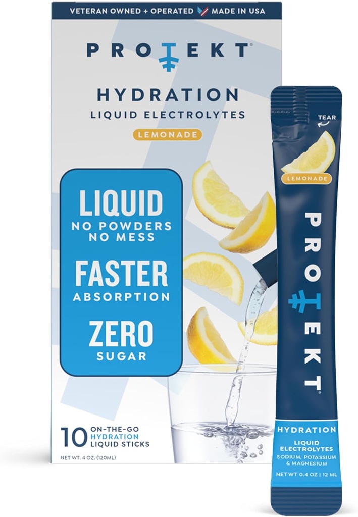 PROTEKT Electrolyte Packets for Recovery & Hydration | Organic & Sugar-Free Electrolytes Drinks | Works Faster Than Powder Drink | On-The-Go Liquid Hydration Drink | Lemonade, 10 Pack
