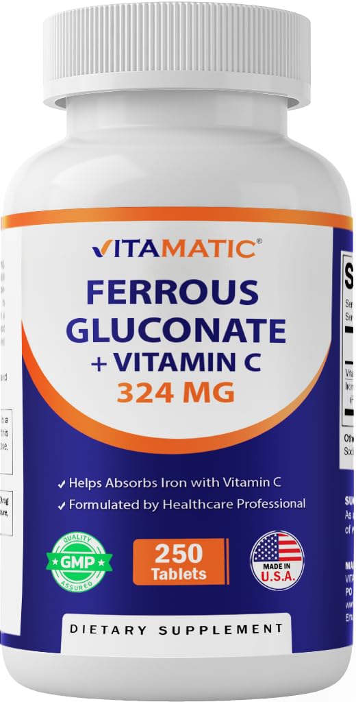 Vitamatic Ferrous Gluconate 324 mg + Vitamin C 100 mg - Yapay Renk Katkıları - Stomach'da Nazi - 250 kaplama Tablet - ABD'de Made in USA