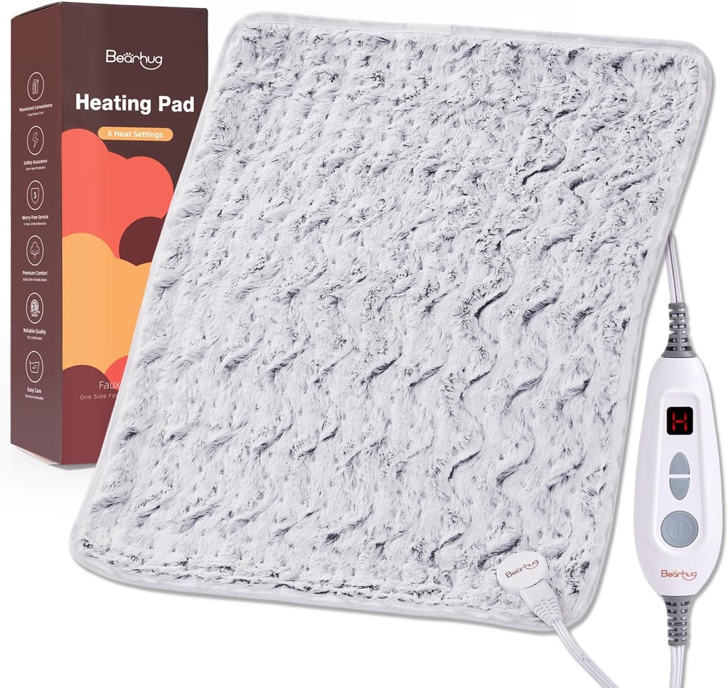 Bearhug XL Elektrikli Isıtma Pad 20'x24' Double-Sided Faux Fur Heated Pad, 6 Heat Levels, 2H Auto-Off, Moist & Kuru Heat Therapy for Back Pain Relief, Machine Washable, ETL sertifikalı, Hediye Box