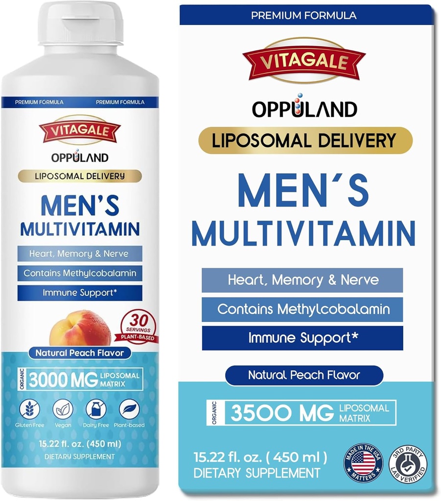 Ανδρική Πολυβιταμίνη - Συμπλήρωμα Υγρού - Liposomal Delivery - Καθημερινή Πολυ Βιταμίνη με Biotin B Complex Omega-3 - Υποστήριξη μαλλιών & νυχιών Βιταμίνη - Ροδάκινο Γεύση - 3000 mg ανά Σερβίρισμα - 450 mL