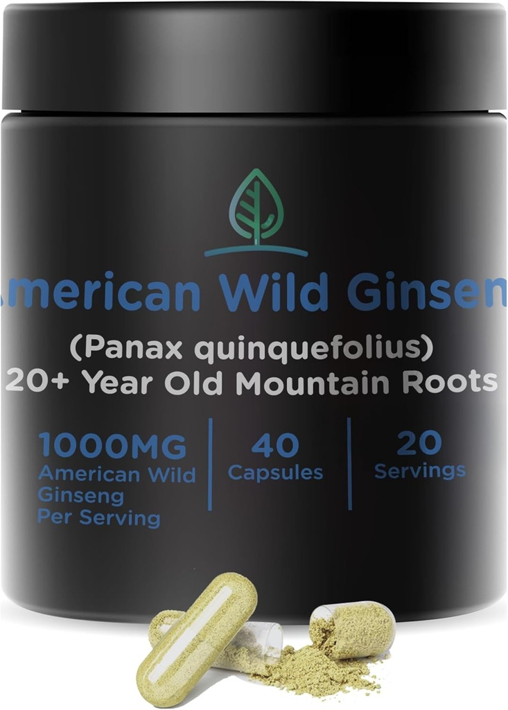 Holistic Bin Wild American Ginseng Capsules Pure Organic Ginseng Supplement, Appalachia (Panax Quinquefolius) | No Fillers (40 Capsules)