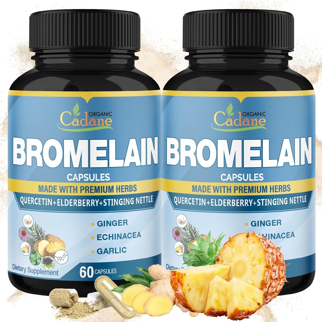 Organik Cadane 2 Packs 60caps of Bromelain Capsules, Bromelain, Quercetin, Elderberry, Ginger, Echinacea, Black, Black Pepper