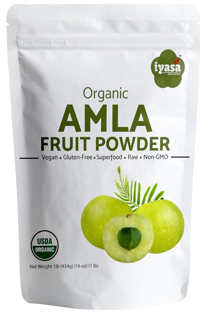 Iyasa Holistics Βιολογική σκόνη φρούτων Amla, Amalaki Berry Powder, 16 Ουγγιάς/452 GM, Ακατέργαστη Superfood για το δέρμα και τα μαλλιά, Resealable Pouch
