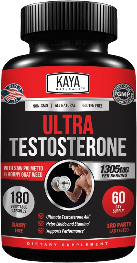 Kaya Naturals UltraTest- Men's TWP with Tongkat Ali, Horny Goat Weed, Tribulus - Natural Workout Supplement for Energy, Stamina, and Strength Branson - 180 Count Count Count