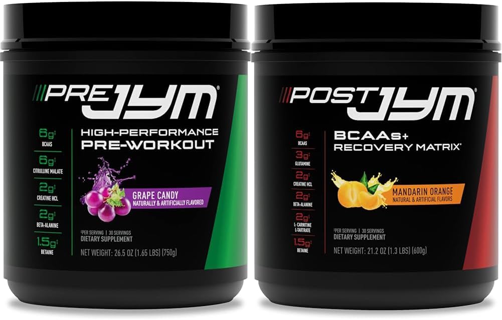 Pre JYM Grape Candy Pre Workout Powder and Post JYM Active Matrix Post-Workout Supplements Bundle, 30 Servings Each