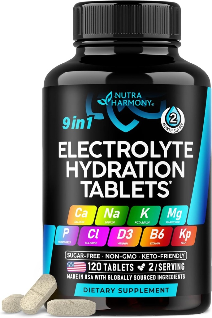 Electrolytes - Electrolyte Tabletleri Magnezyum, sodyum, Pyum, Chloride, Vitamins D3 & B6, Kelp Toz - Salt Pills - ABD'de Yapılacak - Oral Tabletler Capsules - Vegan & Keto Friendly - 120 Tabs