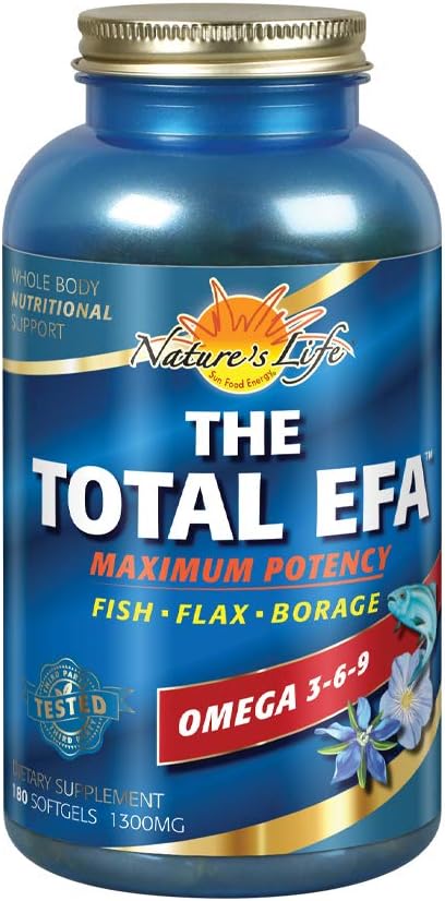 Nature's Life The Total EFA maximum Potency Pure Fish Oil w/Cold Pressed Flaxseed & Borage Oils | 1200 mg | Skin, Hair, Heart, Memory | 180ct